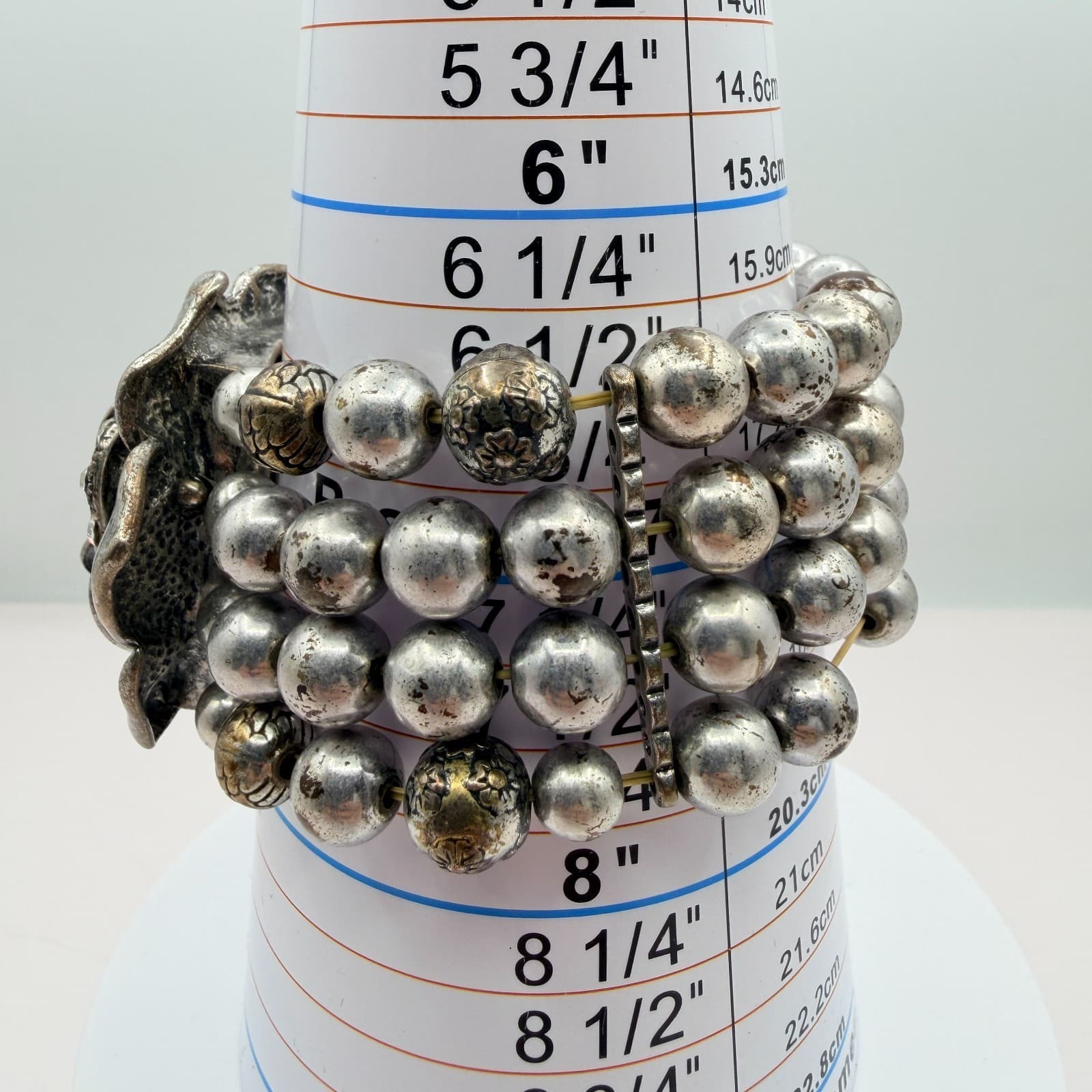 Vintage Silver Tone Chunky Stretch Bead Bracelet Large Rhinestone Rose Flower - Thumbnail 9