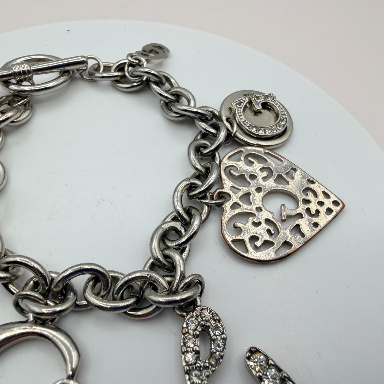 Vintage Silver Tone Chunky Link Charm Bracelet Crystal Rhinestone Filigree Heart - Thumbnail 9