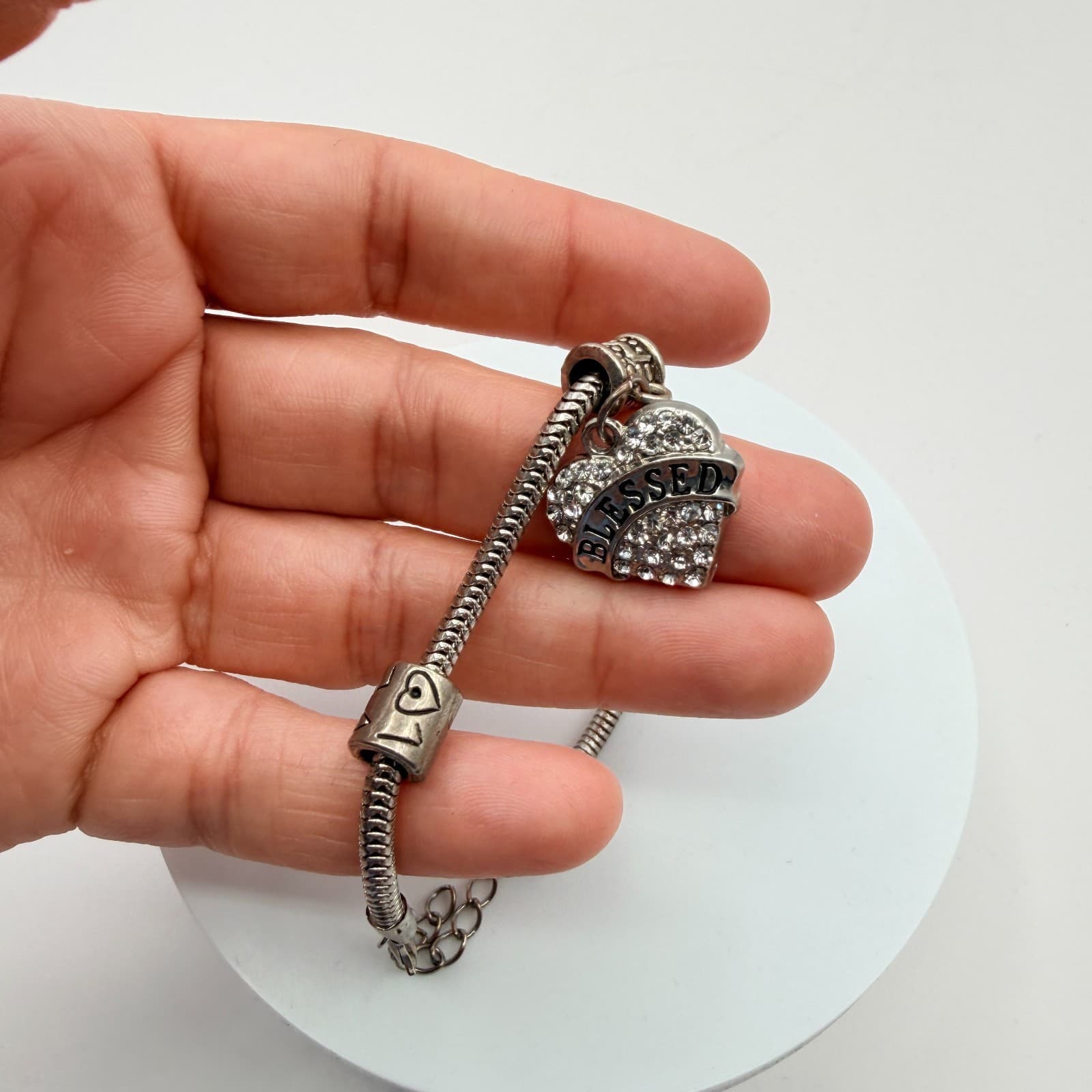 Vintage Silver Tone Snake Chain Charm Bracelet Rhinestone Blessed Heart Accent - Thumbnail 7