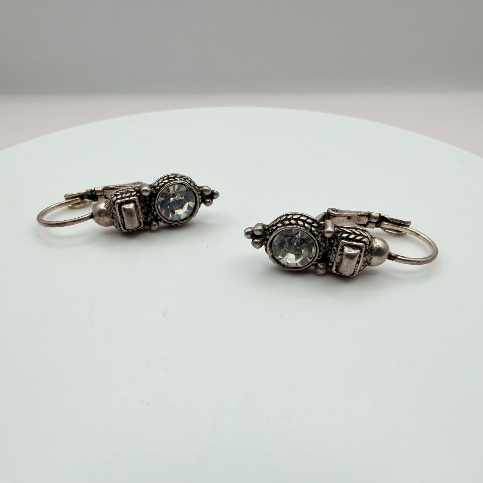 Vintage Silver Tone Leverback Huggie Earrings Lot 2 Pairs Rhinestone Flower 90s - Thumbnail 3