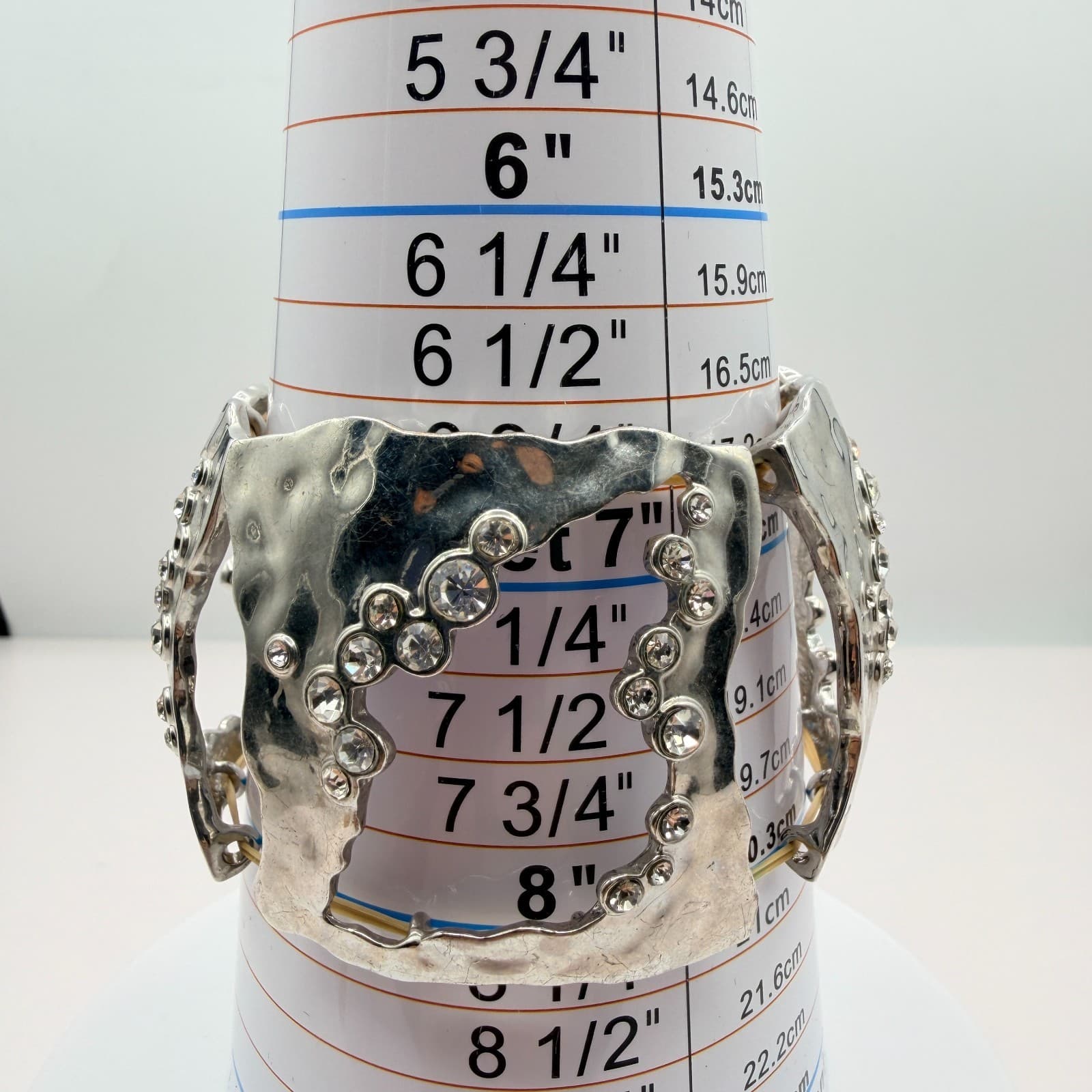 Vintage Silver Tone Chunky Cuff Bracelet Cutout Hammered Rhinestone Statement - Thumbnail 8