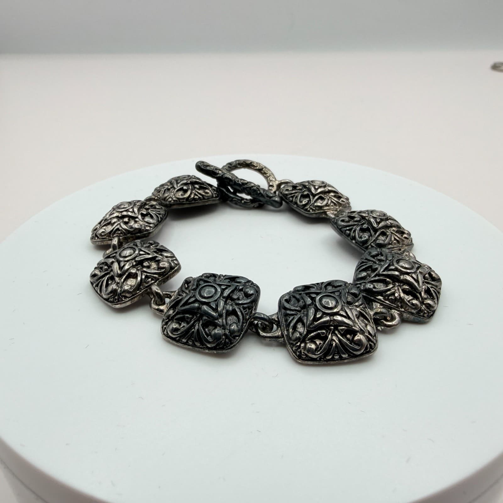 Vintage Silver Tone Chunky Square Link Bracelet Ornate Scroll Filigree Boho 90s - Thumbnail 5