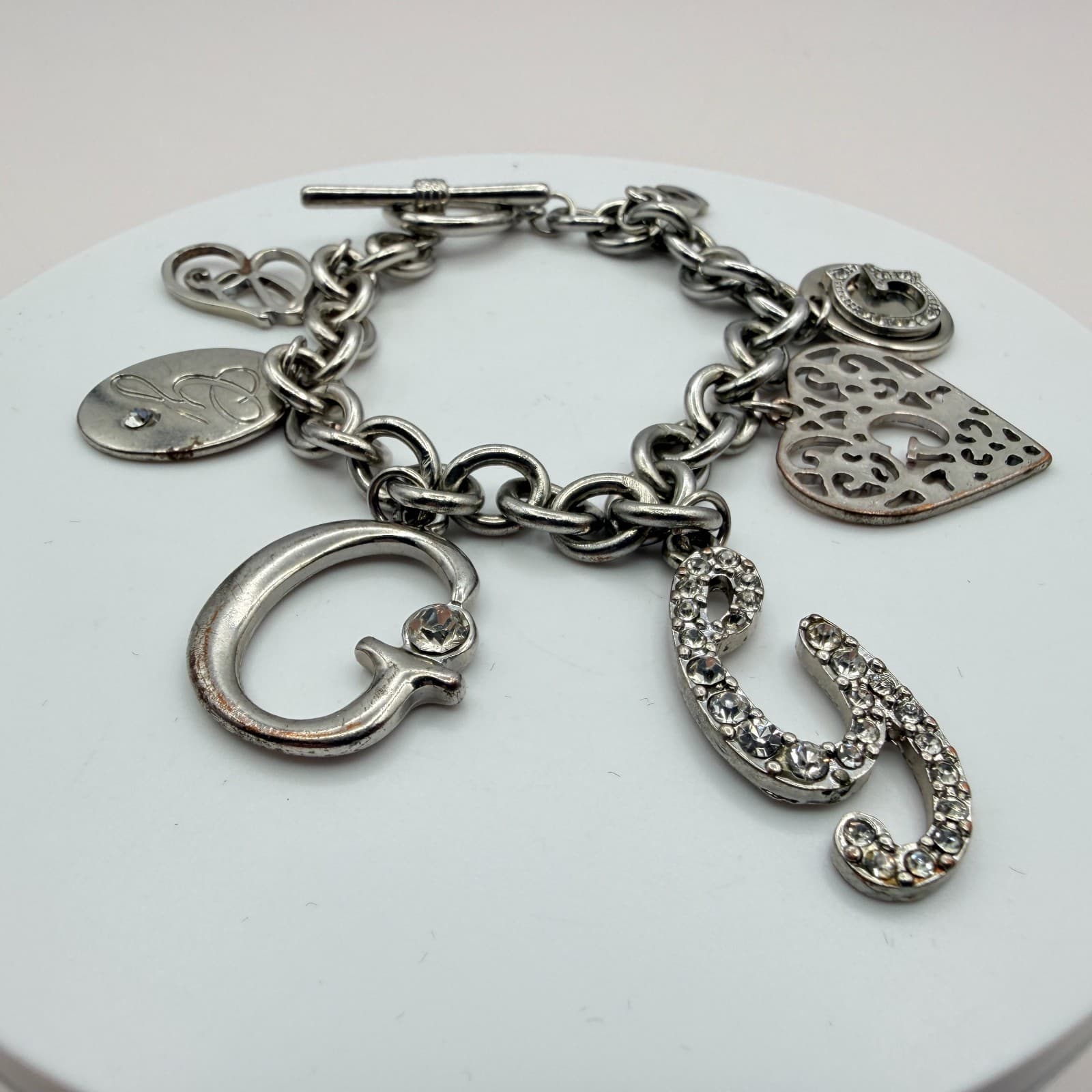 Vintage Silver Tone Chunky Link Charm Bracelet Crystal Rhinestone Filigree Heart - Thumbnail 5