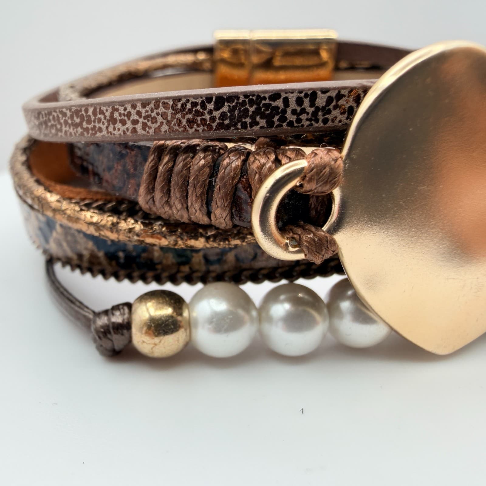Modern Rose Gold Tone Multi Strand Leather Wrap Bracelet Heart Faux Pearl Boho - Thumbnail 5