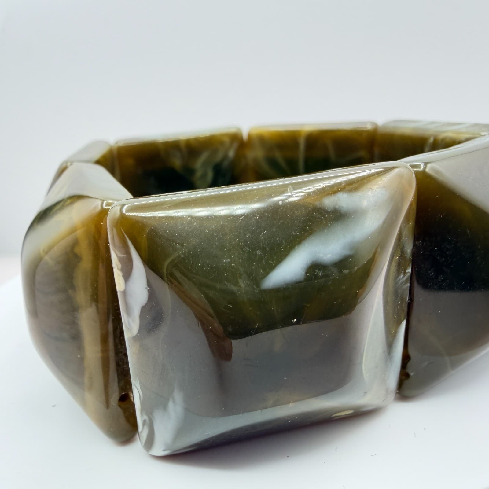 Vintage Chunky Square Panel Resin Stretch Bracelet Olive Green Marbled Boho 90s - Thumbnail 5