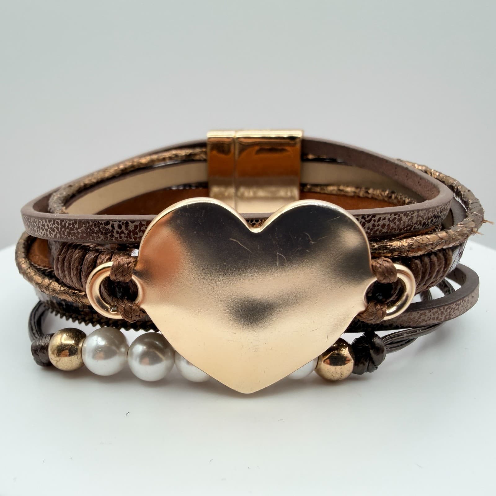 Modern Rose Gold Tone Multi Strand Leather Wrap Bracelet Heart Faux Pearl Boho - Thumbnail 4