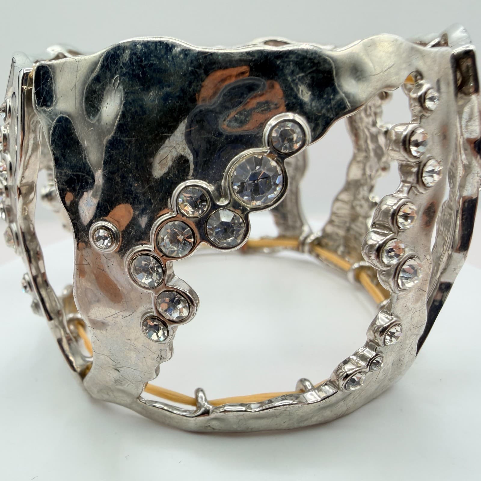Vintage Silver Tone Chunky Cuff Bracelet Cutout Hammered Rhinestone Statement - Thumbnail 4