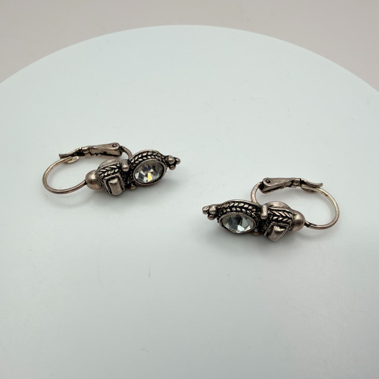 Vintage Silver Tone Leverback Huggie Earrings Lot 2 Pairs Rhinestone Flower 90s - Thumbnail 4