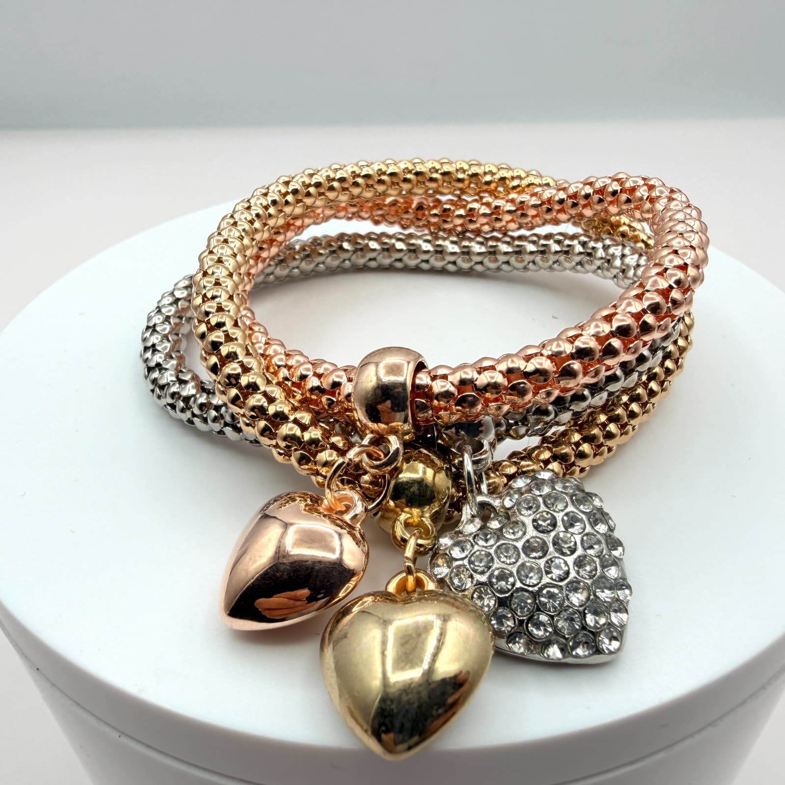Vintage Tricolor Popcorn Stretch Bracelet Lot 3pc Heart Charm Rhinestone Pave
