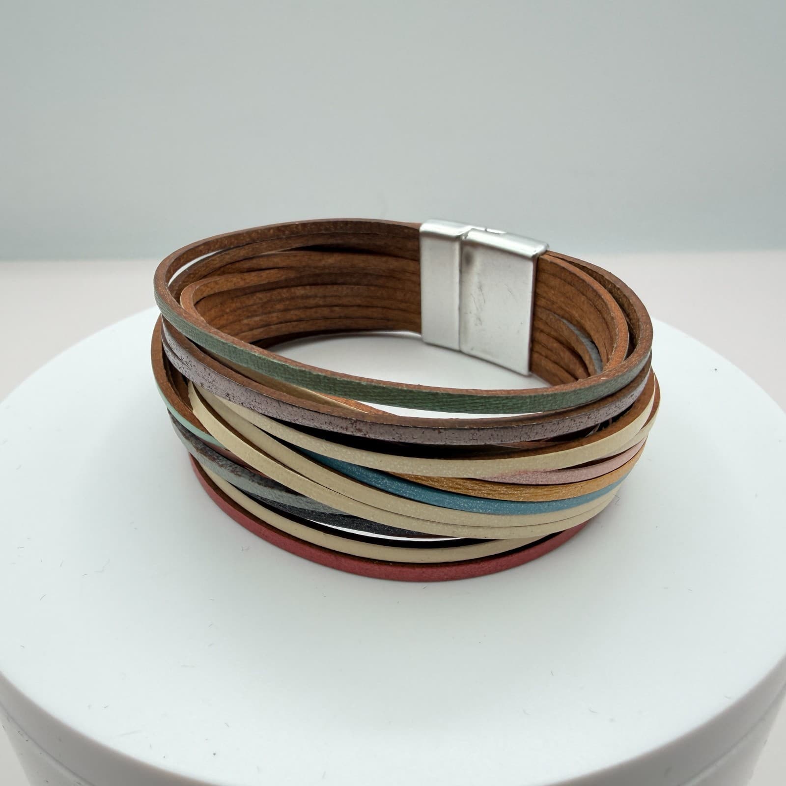 Vintage Multi Strand Leather Wrap Cuff Bracelet Magnetic Clasp Boho Multicolor - Thumbnail 2