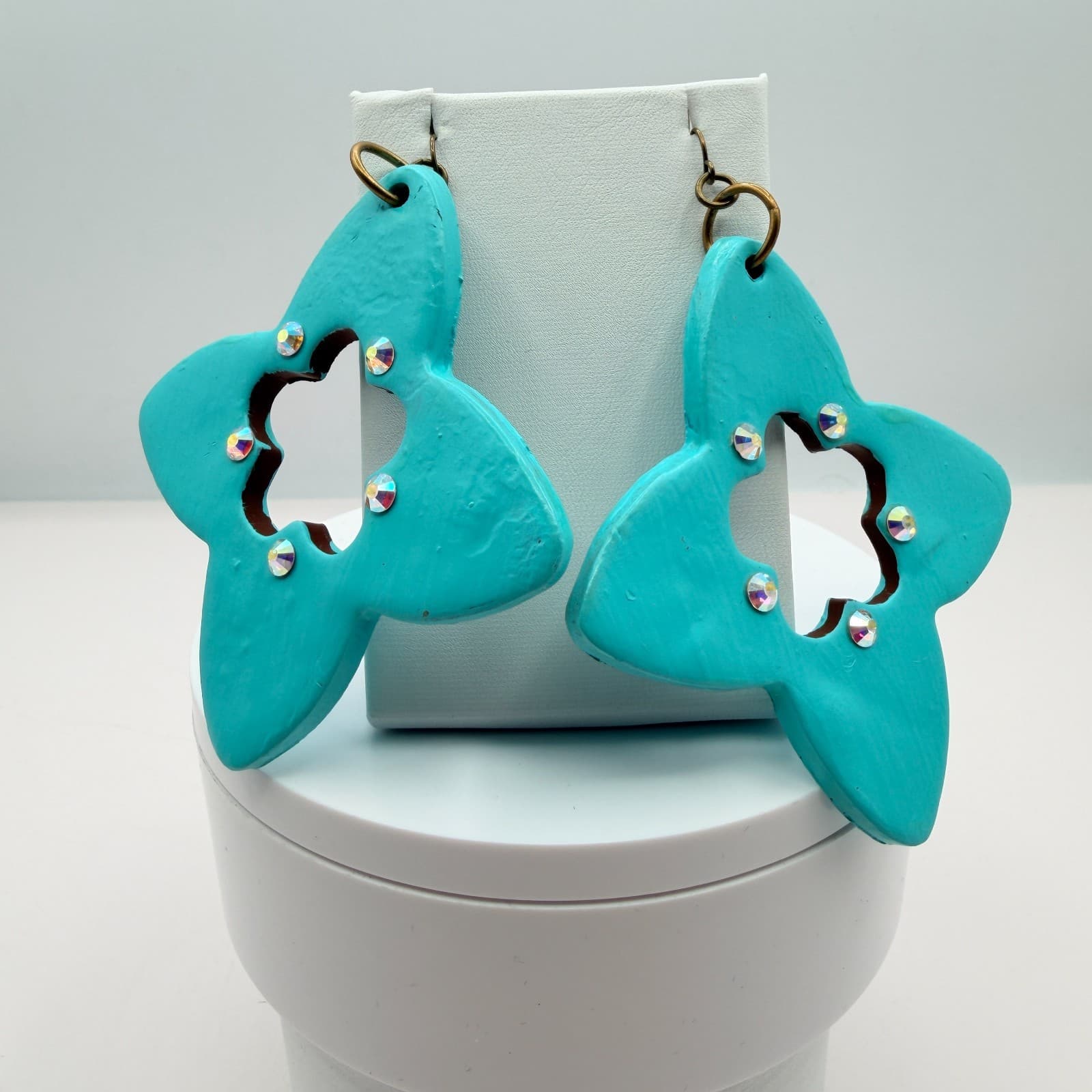 Vintage Bronze Tone Polymer Clay Drop Dangle Earrings Lot 2 Pairs Teal Green 90s - Thumbnail 5