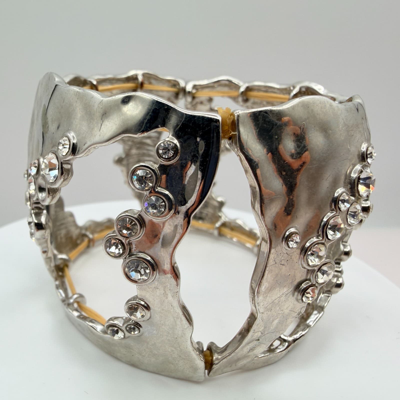 Vintage Silver Tone Chunky Cuff Bracelet Cutout Hammered Rhinestone Statement - Thumbnail 5