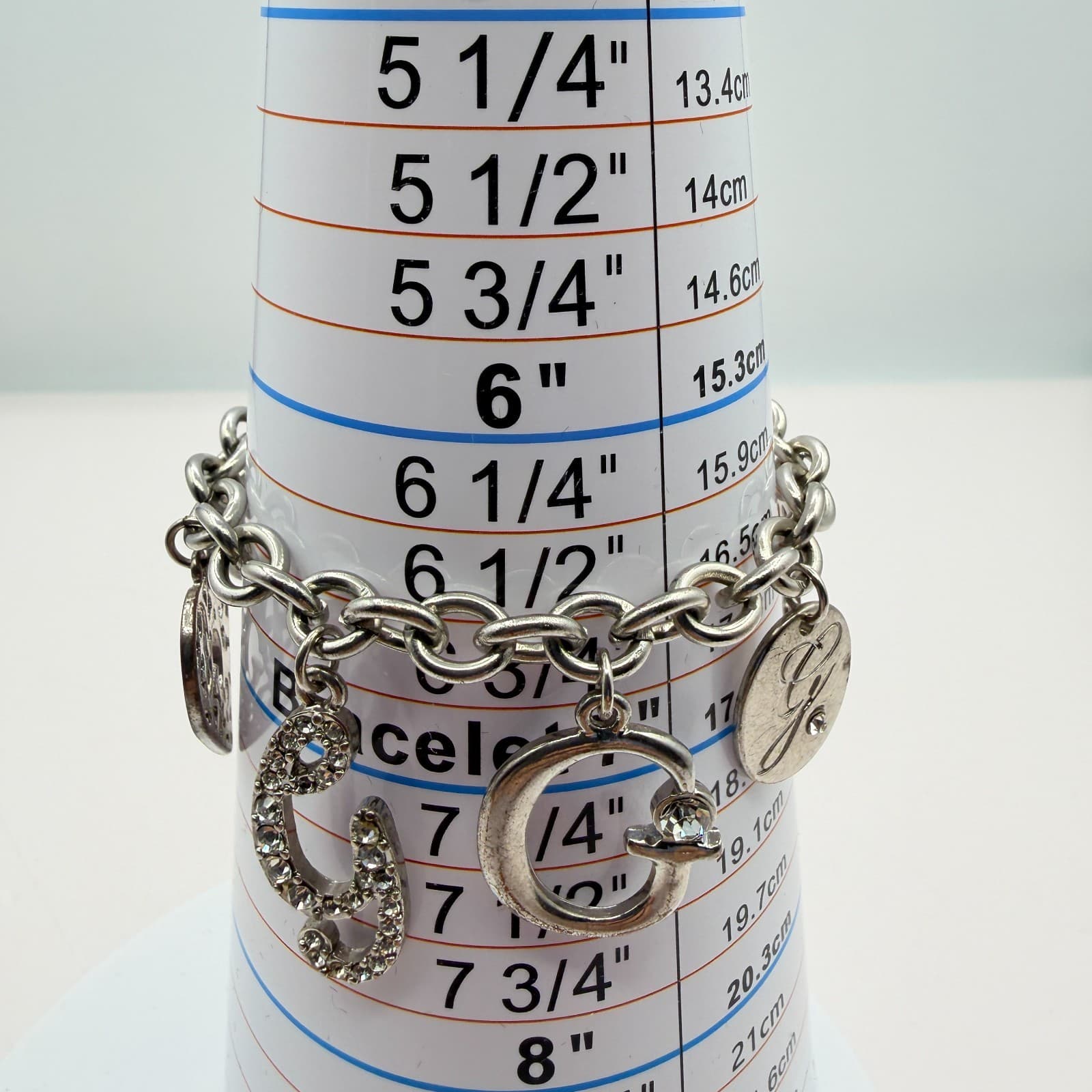 Vintage Silver Tone Chunky Link Charm Bracelet Crystal Rhinestone Filigree Heart - Thumbnail 12