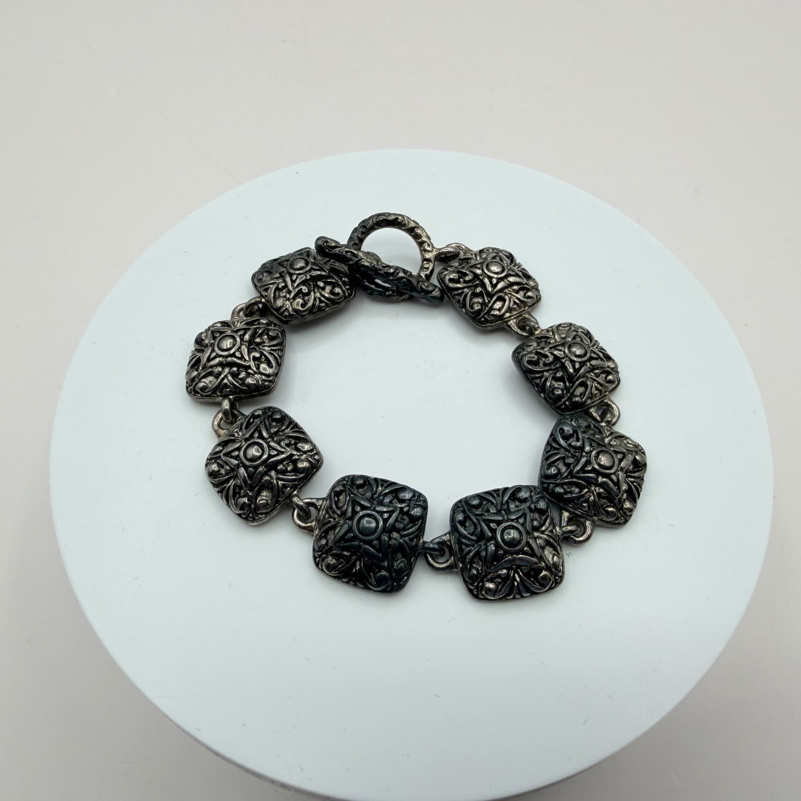 Vintage Silver Tone Chunky Square Link Bracelet Ornate Scroll Filigree Boho 90s - Thumbnail 3