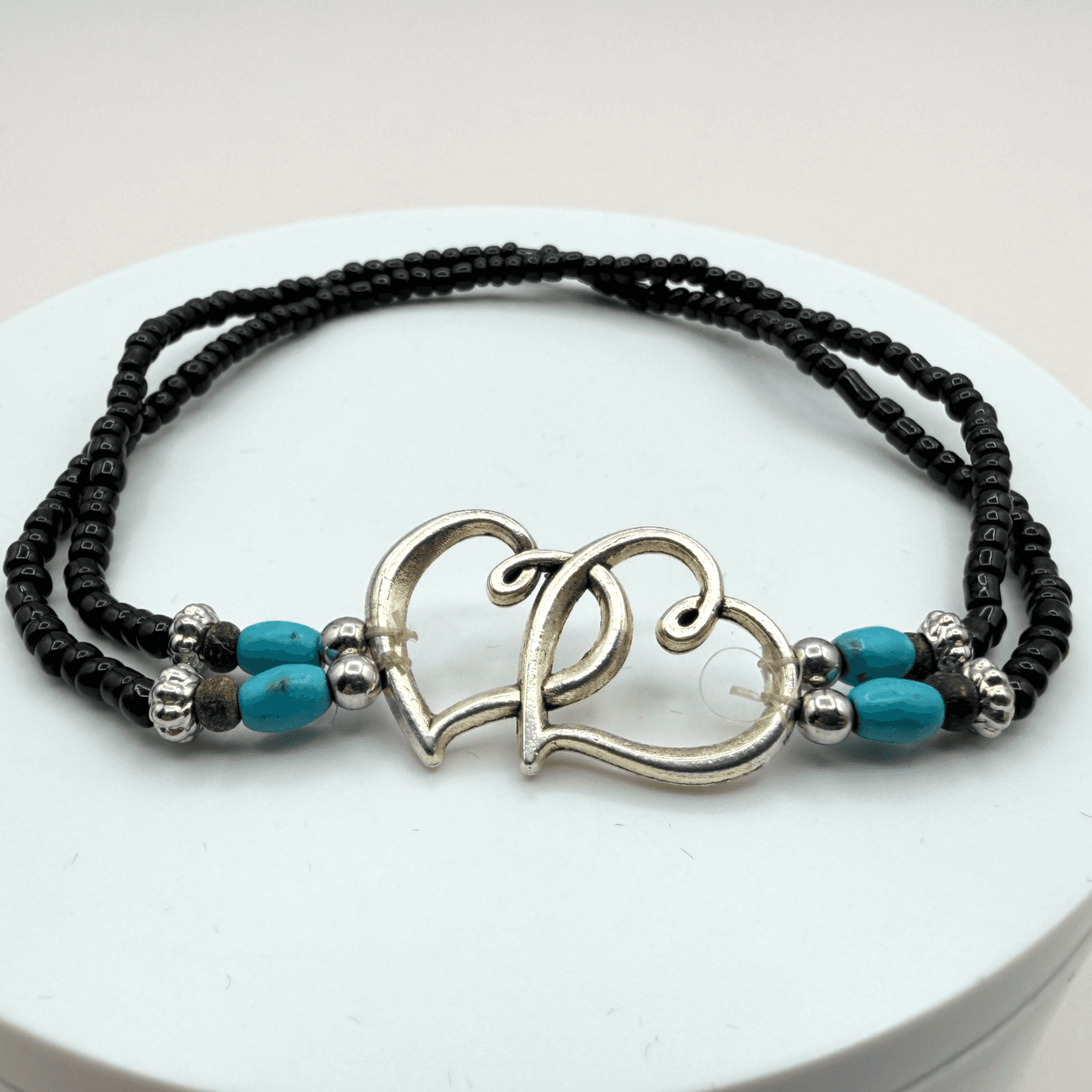 Vintage Silver Tone Multi Strand Seed Bead Bracelet Double Heart Turquoise Color