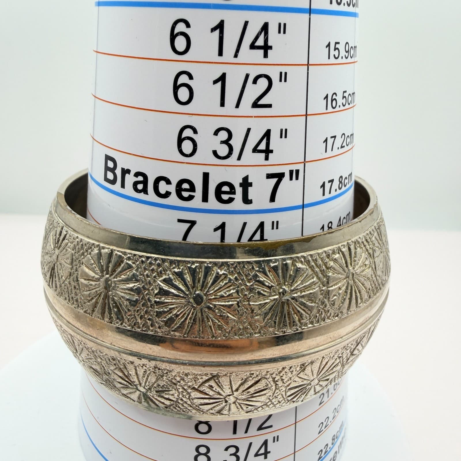 Vintage Silver Tone Wide Bangle Bracelet Etched Starburst Floral Geometric Boho - Thumbnail 8