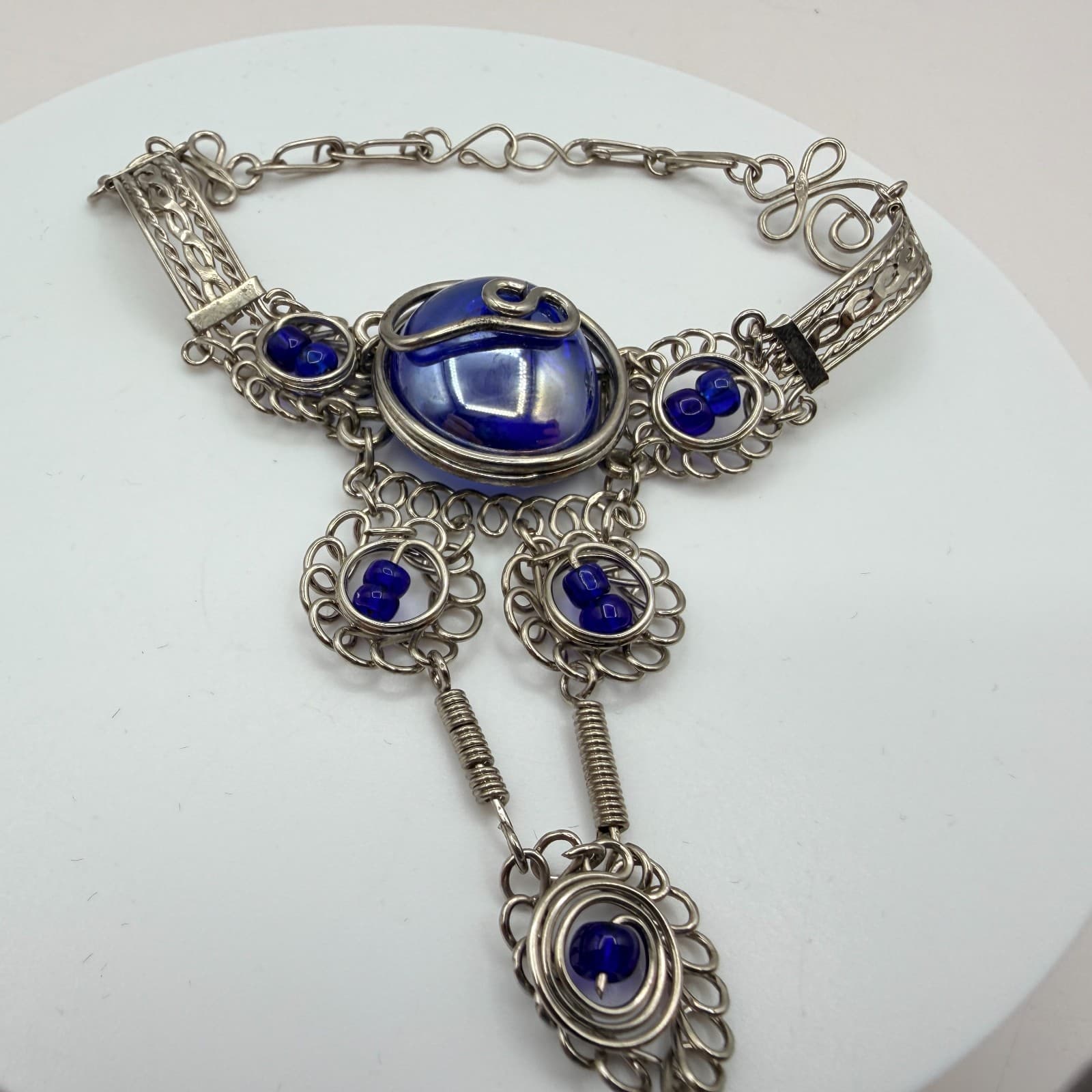 Vintage Silver Tone Slave Bracelet Ring Set Blue Cabochon Stone Boho Filigree - Thumbnail 7