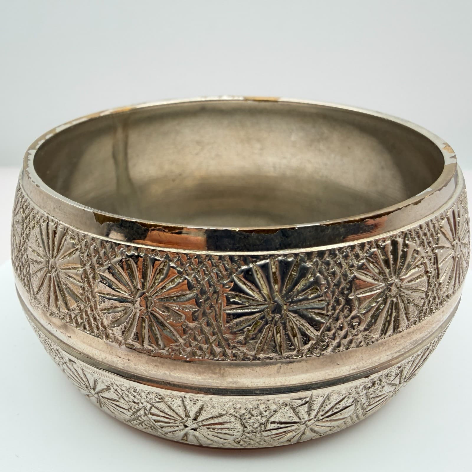 Vintage Silver Tone Wide Bangle Bracelet Etched Starburst Floral Geometric Boho - Thumbnail 5