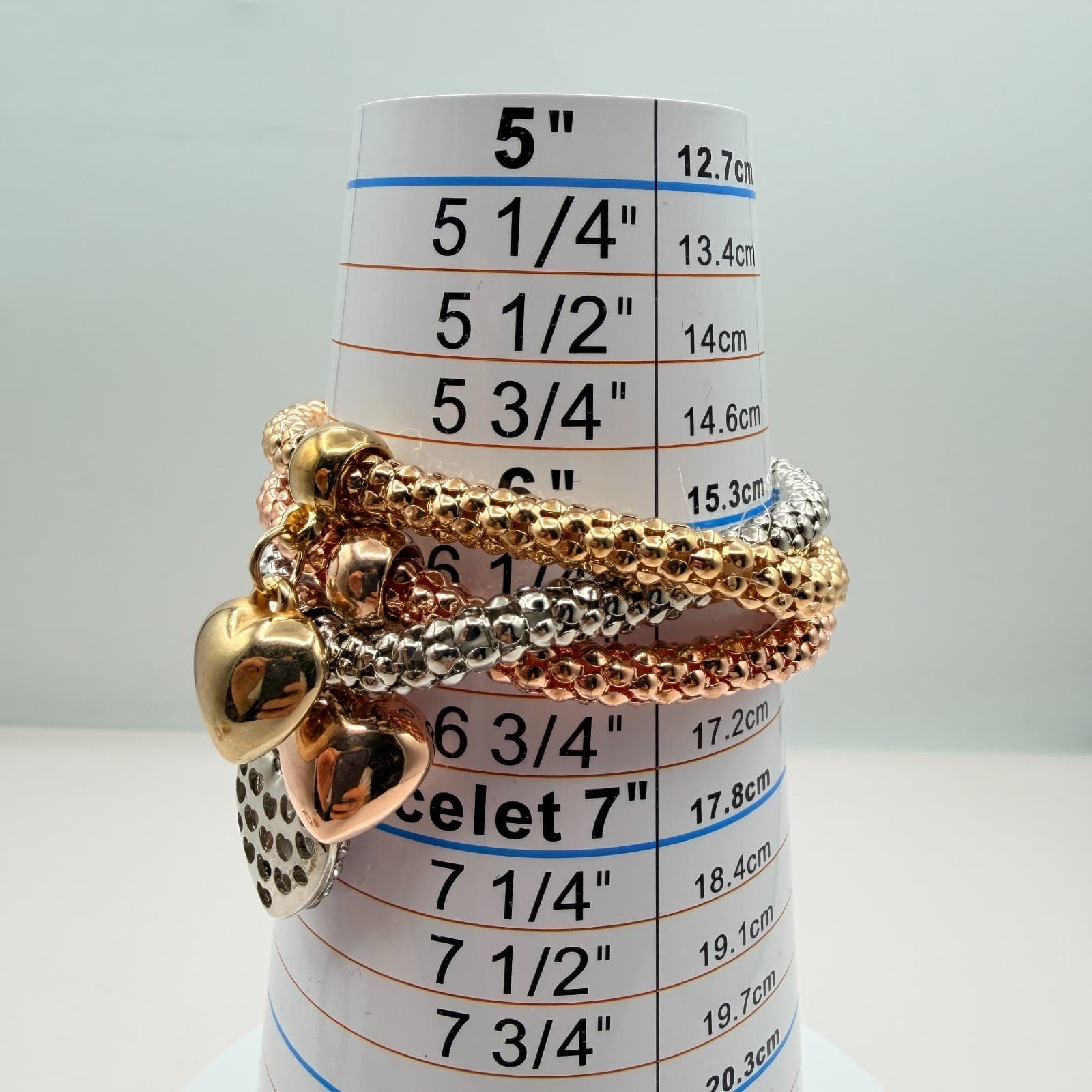 Vintage Tricolor Popcorn Stretch Bracelet Lot 3pc Heart Charm Rhinestone Pave - Thumbnail 9