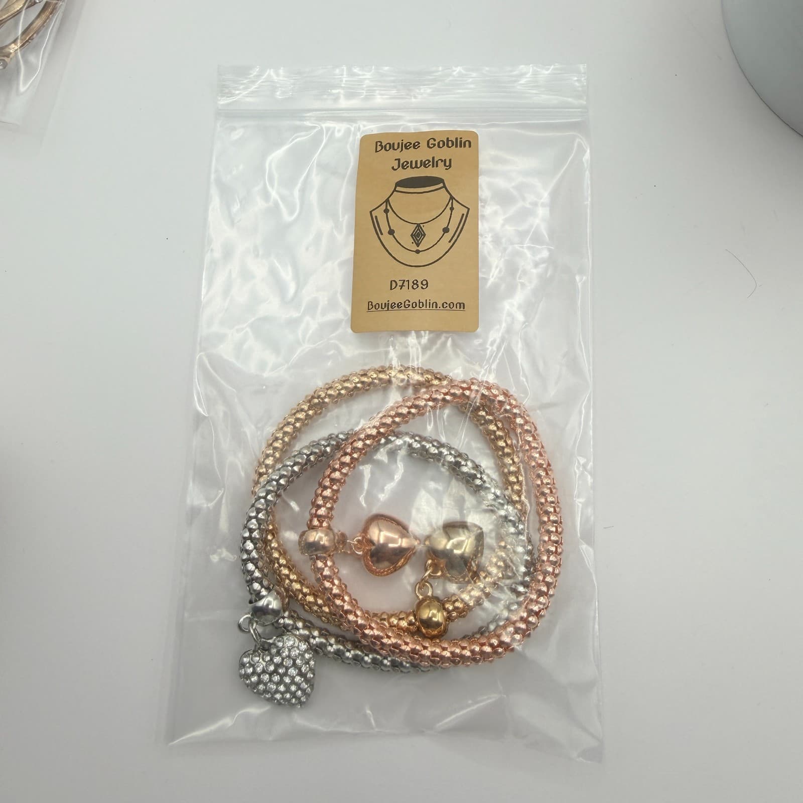 Vintage Tricolor Popcorn Stretch Bracelet Lot 3pc Heart Charm Rhinestone Pave - Thumbnail 10