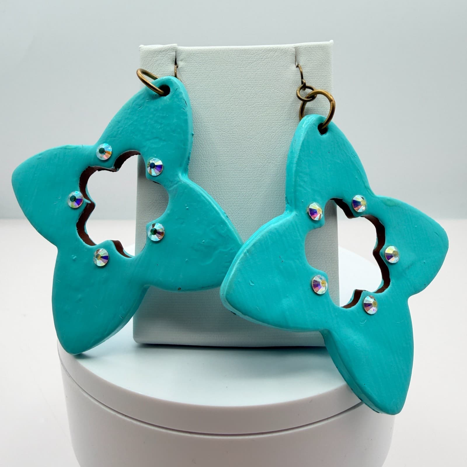 Vintage Bronze Tone Polymer Clay Drop Dangle Earrings Lot 2 Pairs Teal Green 90s - Thumbnail 2