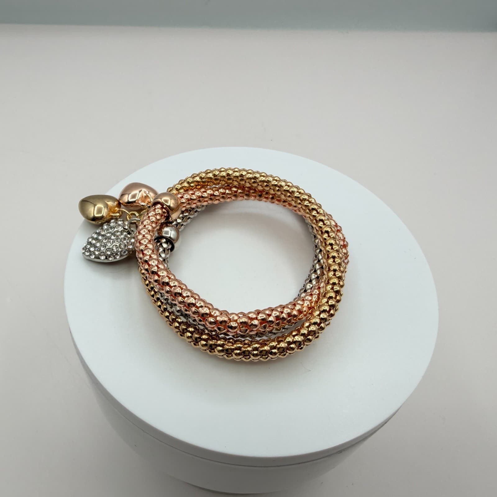 Vintage Tricolor Popcorn Stretch Bracelet Lot 3pc Heart Charm Rhinestone Pave - Thumbnail 7