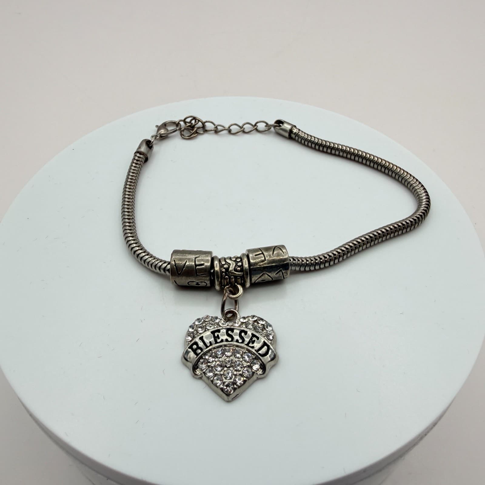 Vintage Silver Tone Snake Chain Charm Bracelet Rhinestone Blessed Heart Accent - Thumbnail 5