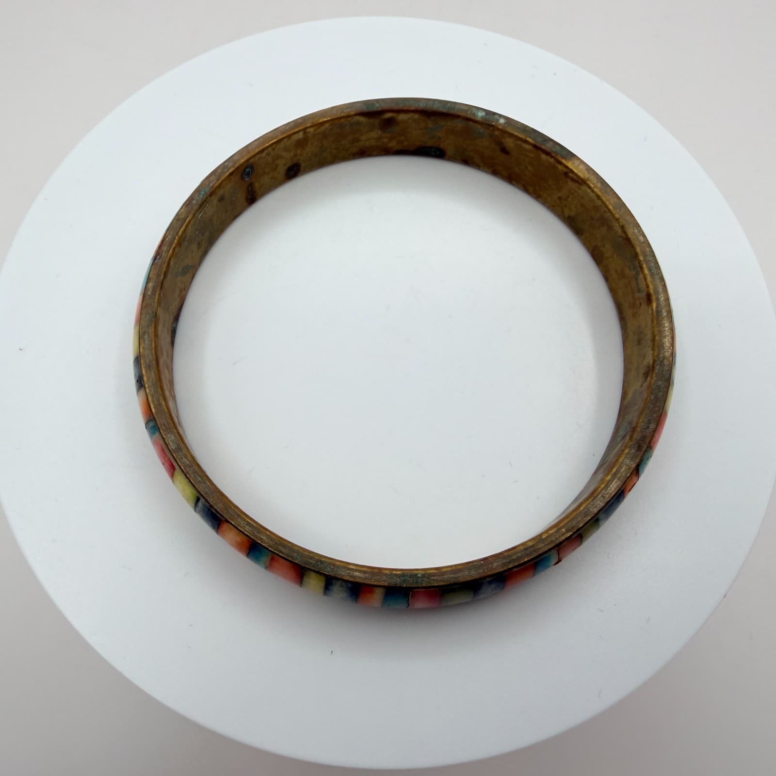 Vintage Gold Tone Chunky Bangle Bracelet Multicolor Inlaid Striped Boho Retro - Thumbnail 4