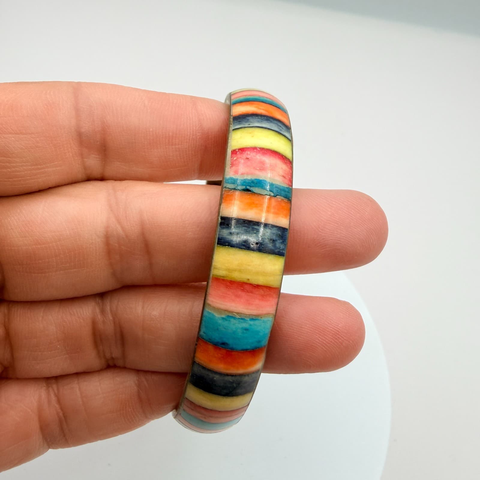 Vintage Gold Tone Chunky Bangle Bracelet Multicolor Inlaid Striped Boho Retro - Thumbnail 6