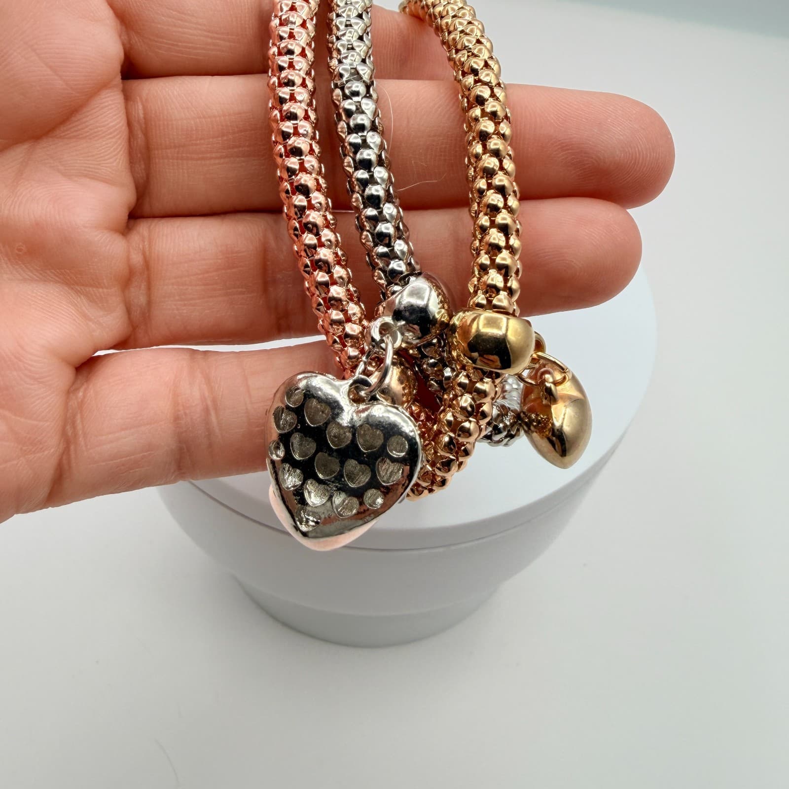 Vintage Tricolor Popcorn Stretch Bracelet Lot 3pc Heart Charm Rhinestone Pave - Thumbnail 8