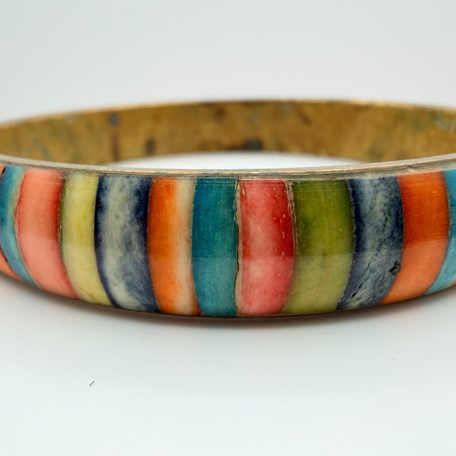 Vintage Gold Tone Chunky Bangle Bracelet Multicolor Inlaid Striped Boho Retro - Thumbnail 5