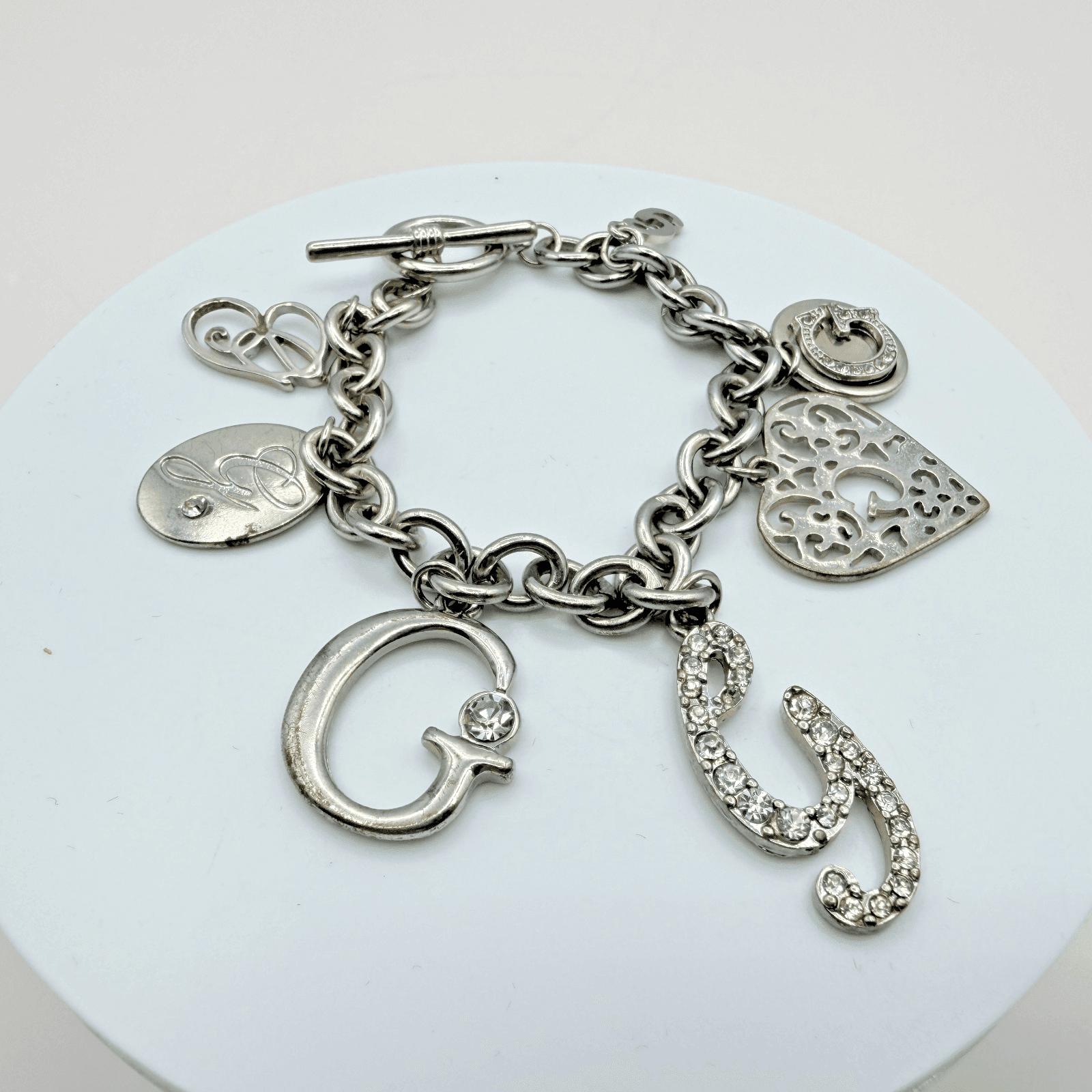 Vintage Silver Tone Chunky Link Charm Bracelet Crystal Rhinestone Filigree Heart