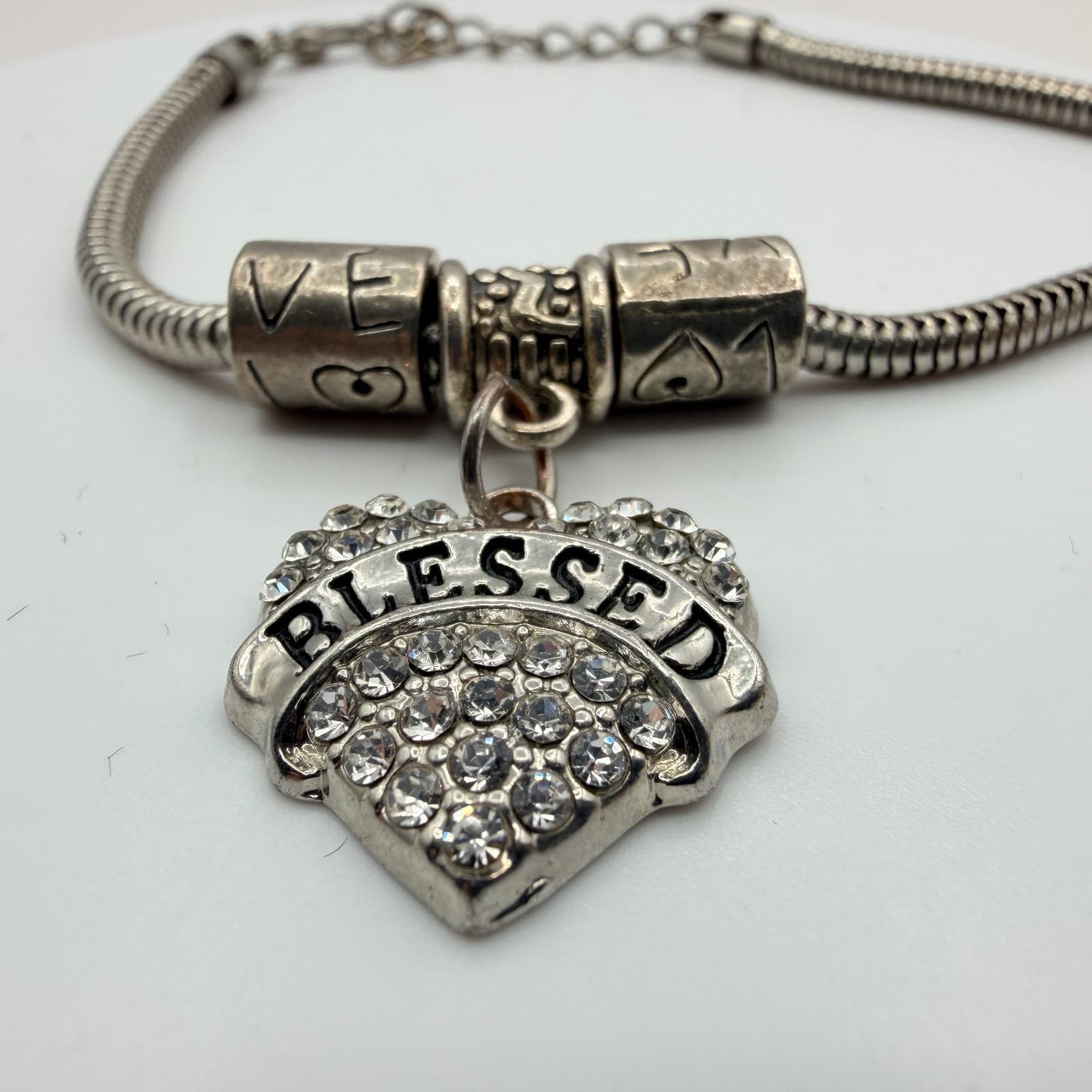 Vintage Silver Tone Snake Chain Charm Bracelet Rhinestone Blessed Heart Accent - Thumbnail 4