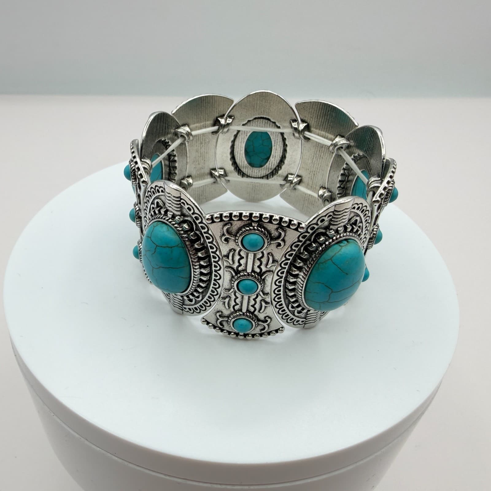 Vintage Silver Tone Turquoise Color Stretch Panel Bracelet Faux Stone Western - Thumbnail 5