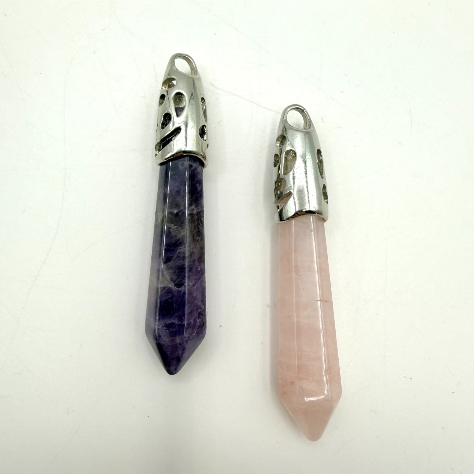 Vintage Silver Tone Amethyst Rose Quartz Crystal Pendant Lot 2pc Pointed Pillar