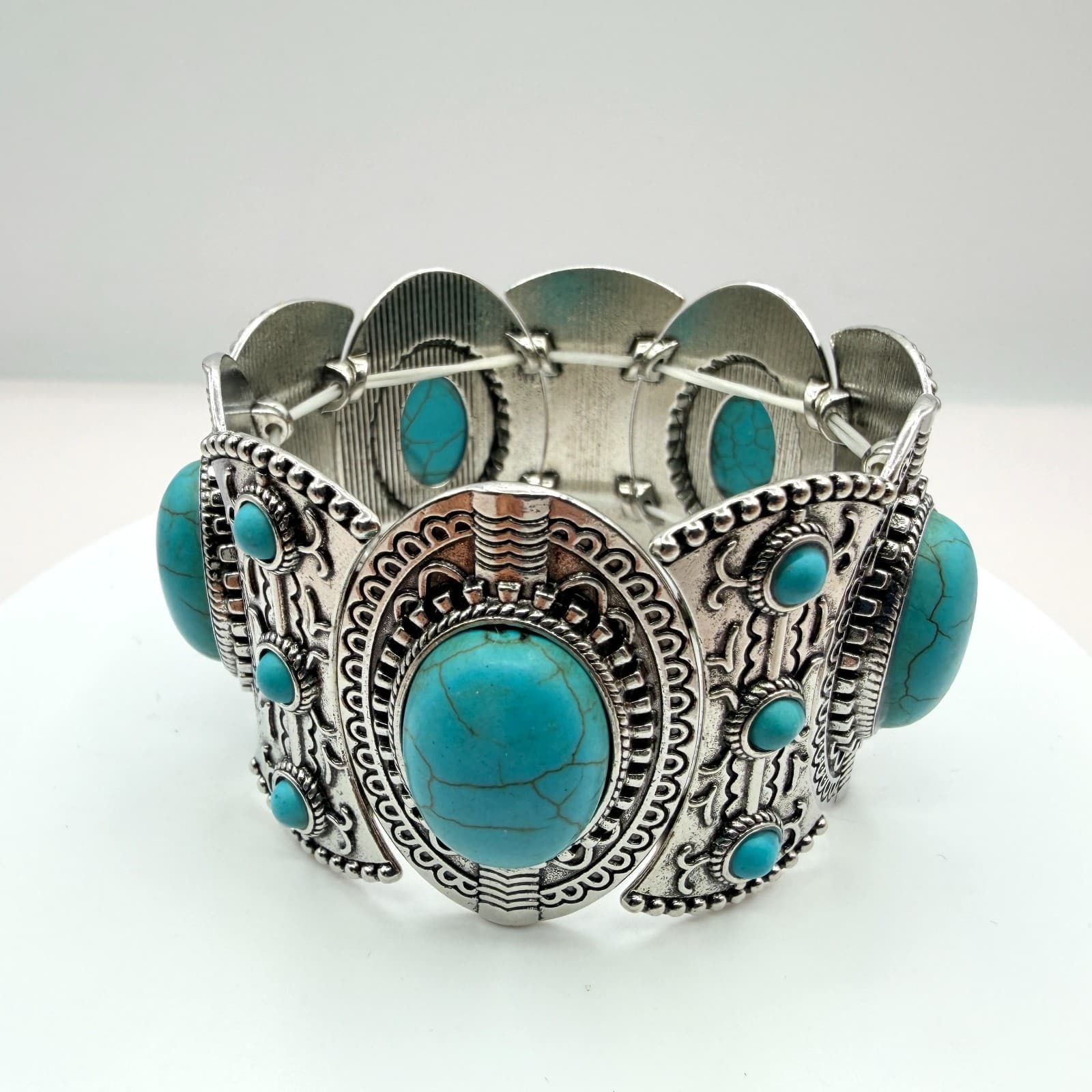Vintage Silver Tone Turquoise Color Stretch Panel Bracelet Faux Stone Western