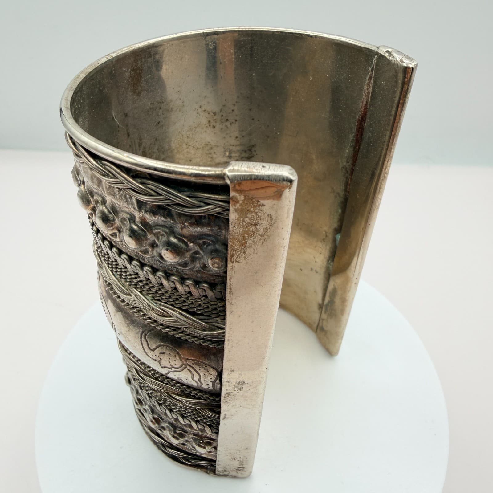 Vintage Silver Tone Wide Cuff Bracelet Elephant Stamped Braided Rope Layered 90s - Thumbnail 3
