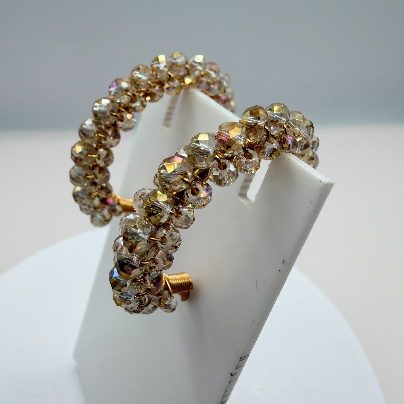 Vintage Gold Tone Beaded Jewelry Set Wire Wrapped Bangle Hoop Earrings Y2K Boho - Thumbnail 10