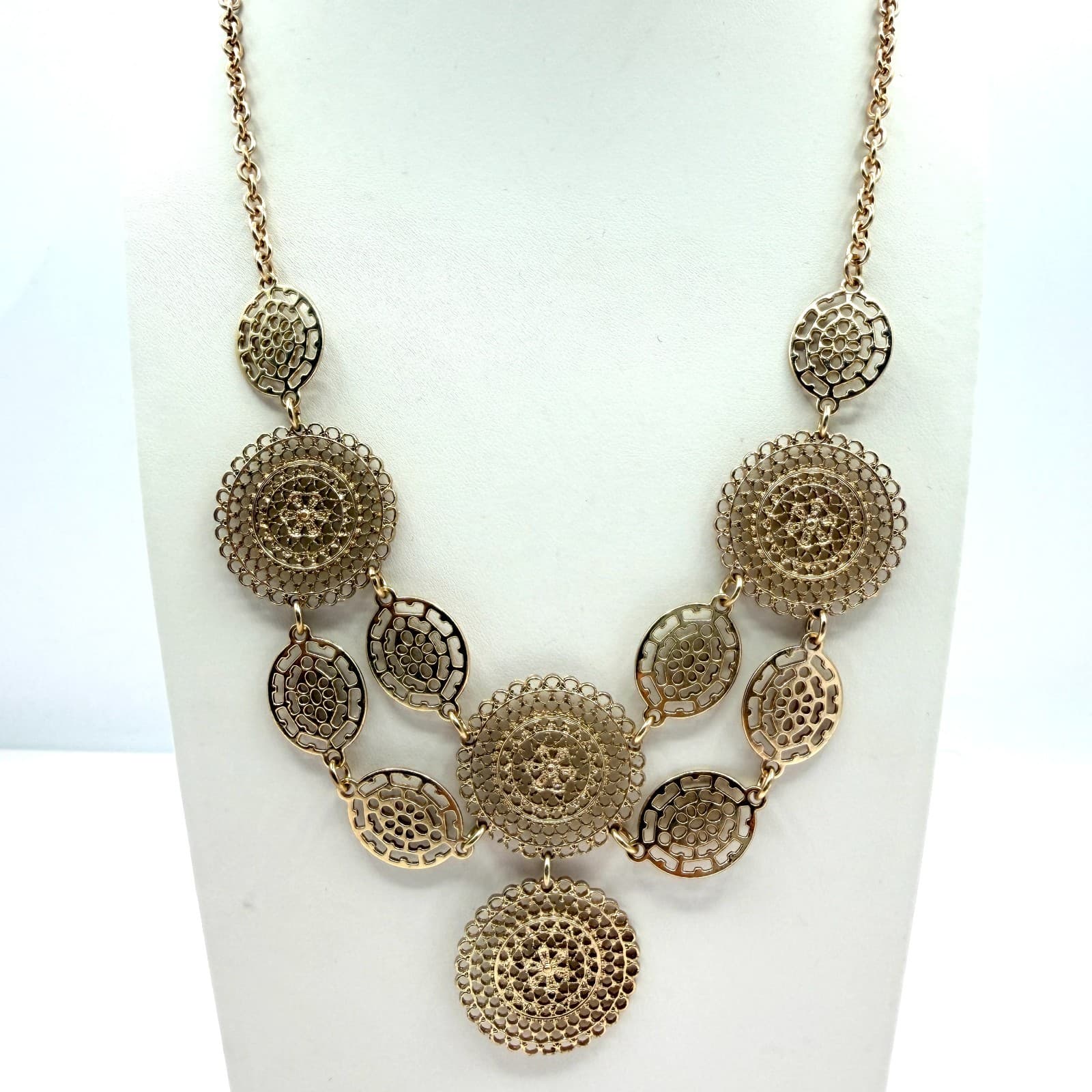 Vintage Gold Tone Filigree Medallion Bib Necklace Multi Tier Openwork Boho 90s