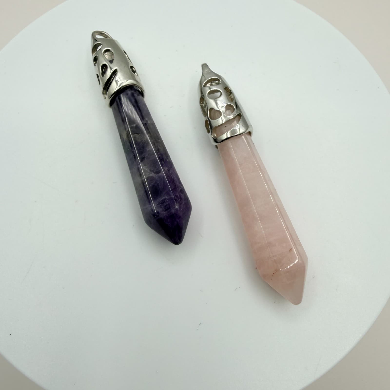Vintage Silver Tone Amethyst Rose Quartz Crystal Pendant Lot 2pc Pointed Pillar - Thumbnail 4