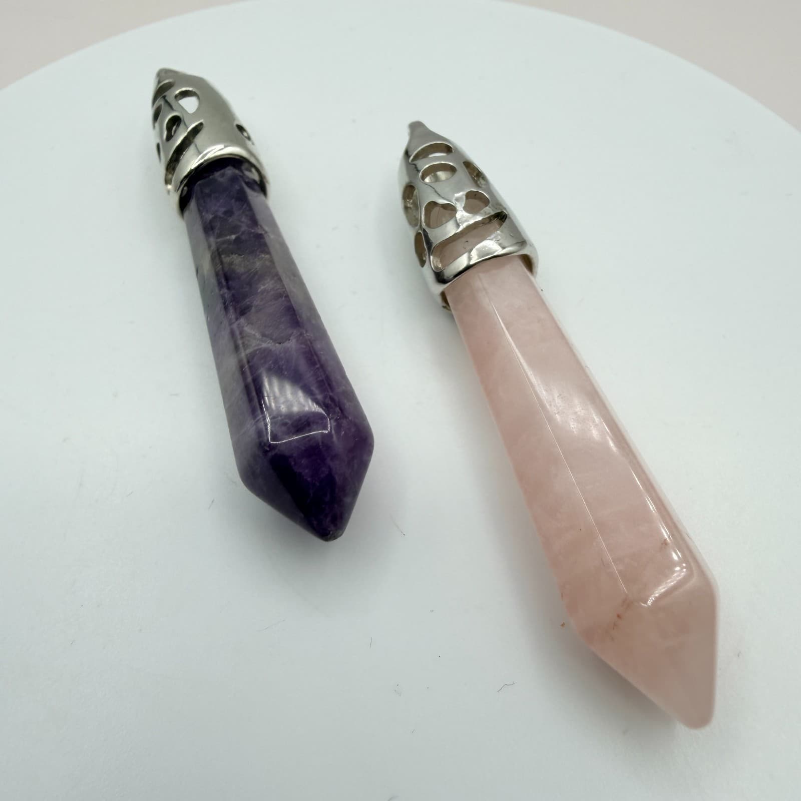 Vintage Silver Tone Amethyst Rose Quartz Crystal Pendant Lot 2pc Pointed Pillar - Thumbnail 3
