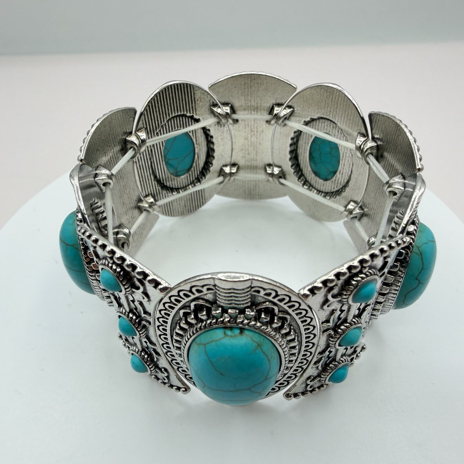 Vintage Silver Tone Turquoise Color Stretch Panel Bracelet Faux Stone Western - Thumbnail 3