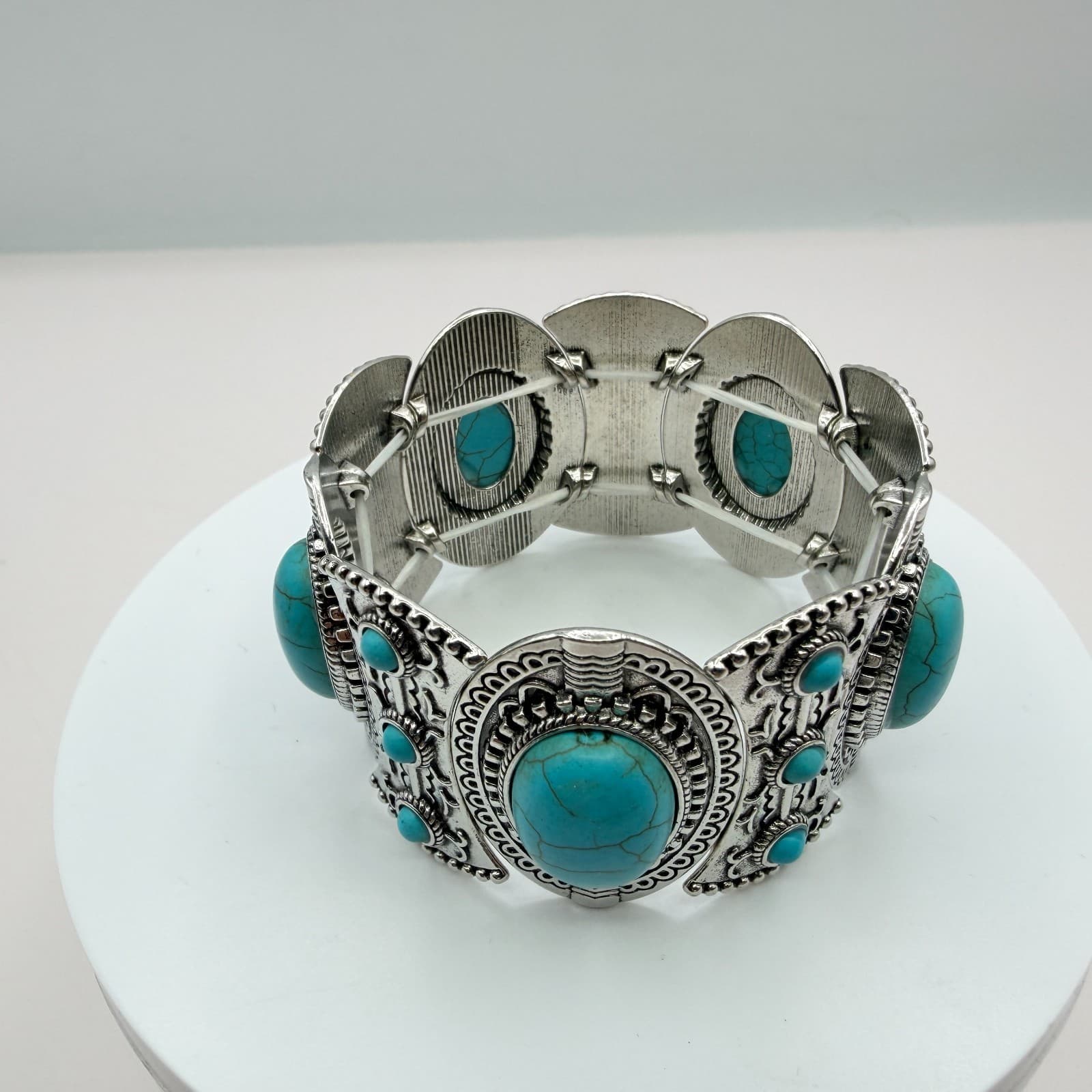 Vintage Silver Tone Turquoise Color Stretch Panel Bracelet Faux Stone Western - Thumbnail 2