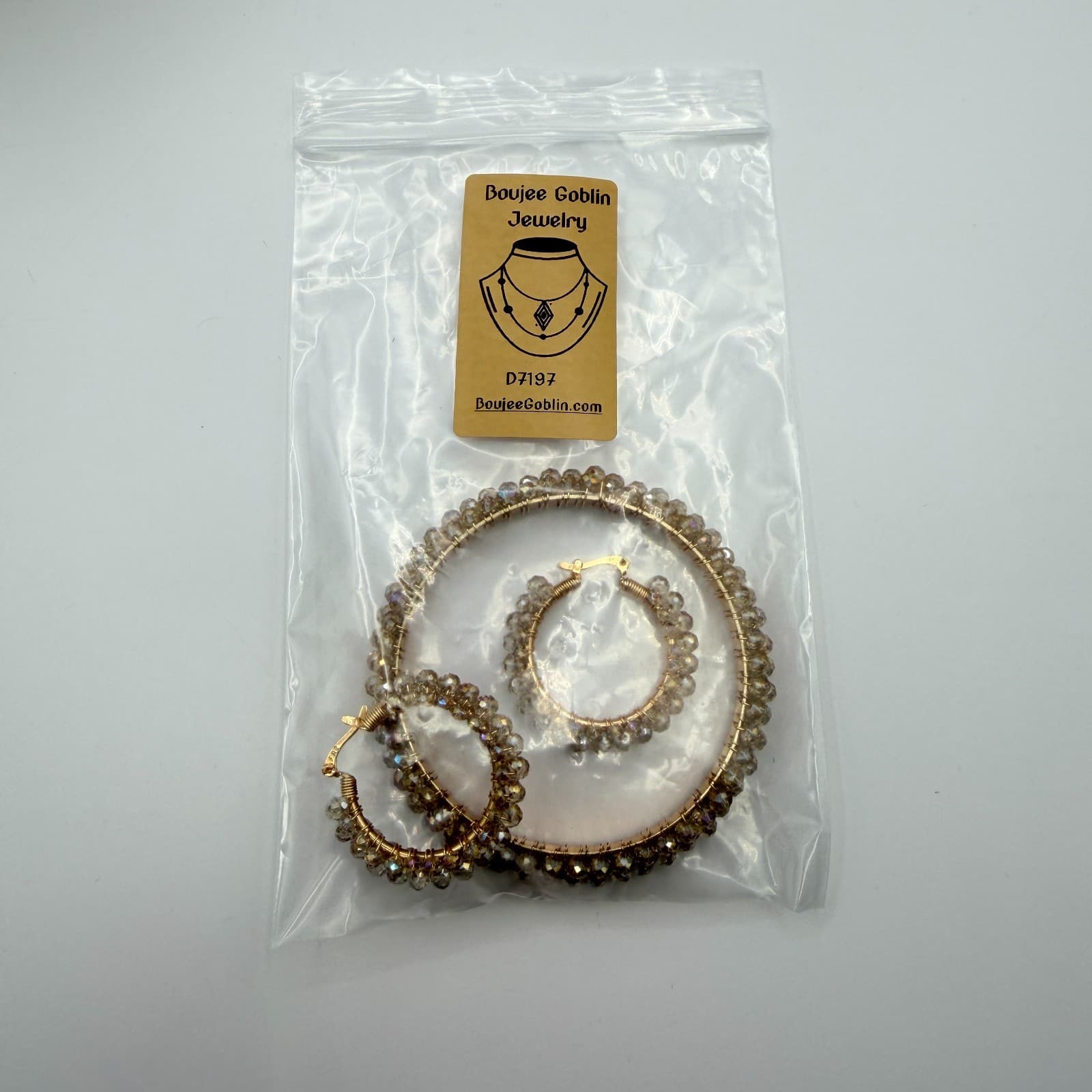 Vintage Gold Tone Beaded Jewelry Set Wire Wrapped Bangle Hoop Earrings Y2K Boho - Thumbnail 15