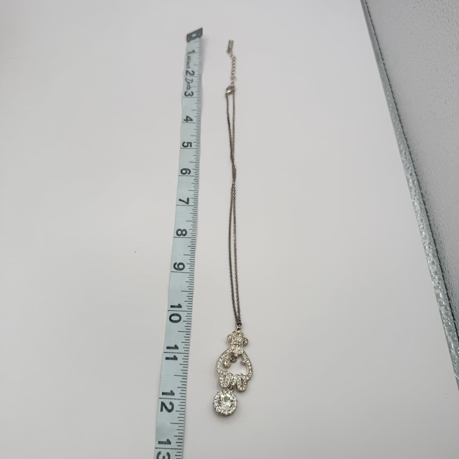Vintage Silver Tone Lavalier Pendant Necklace Rhinestone Openwork Dainty Boho - Thumbnail 7