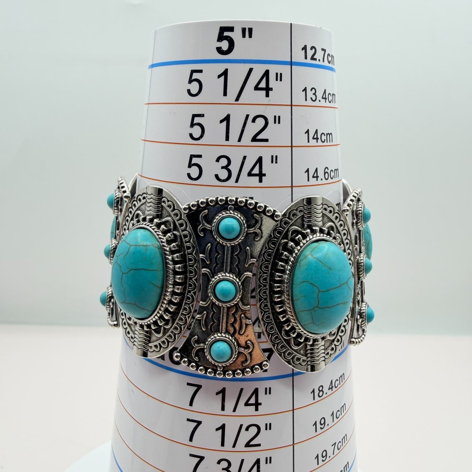 Vintage Silver Tone Turquoise Color Stretch Panel Bracelet Faux Stone Western - Thumbnail 7