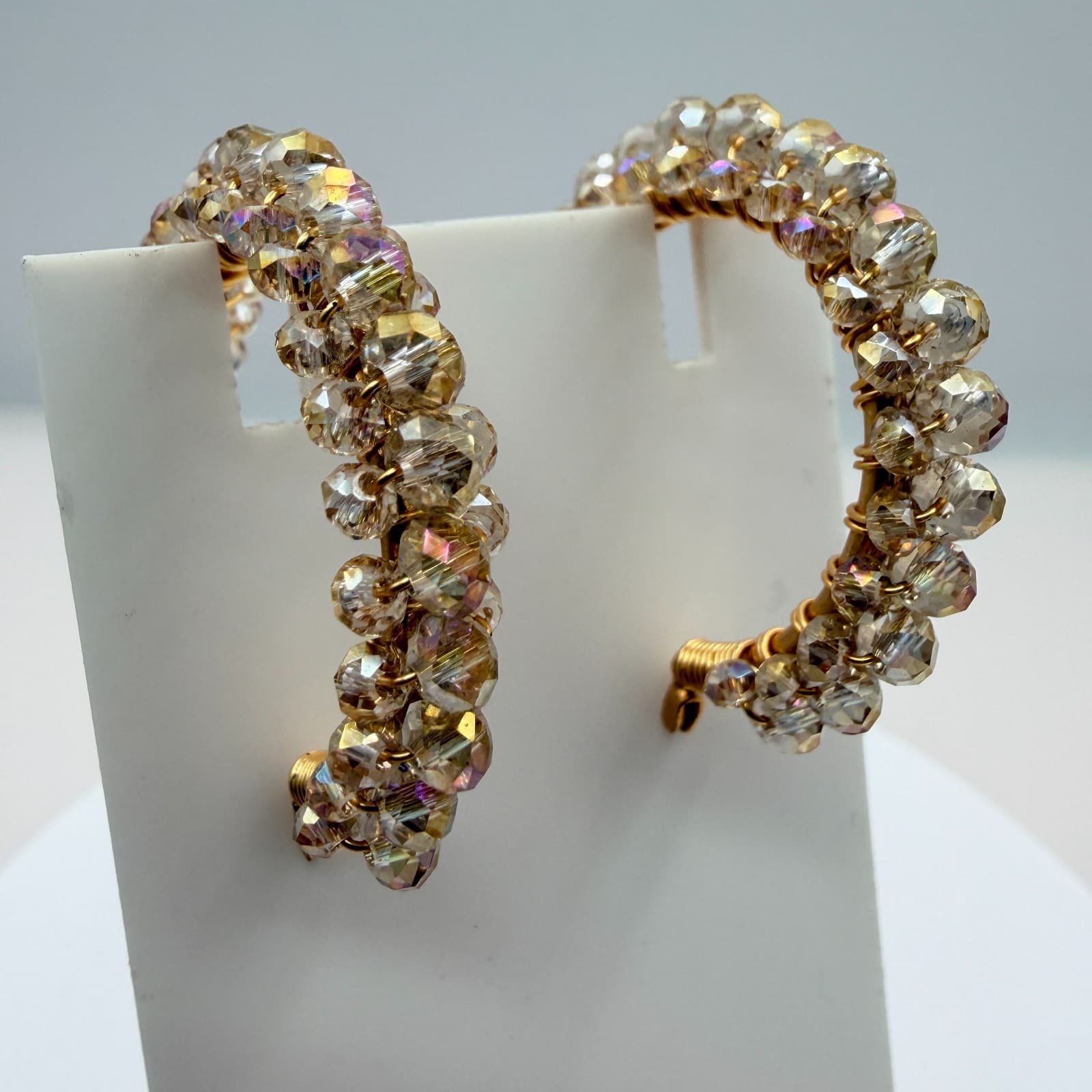 Vintage Gold Tone Beaded Jewelry Set Wire Wrapped Bangle Hoop Earrings Y2K Boho - Thumbnail 11