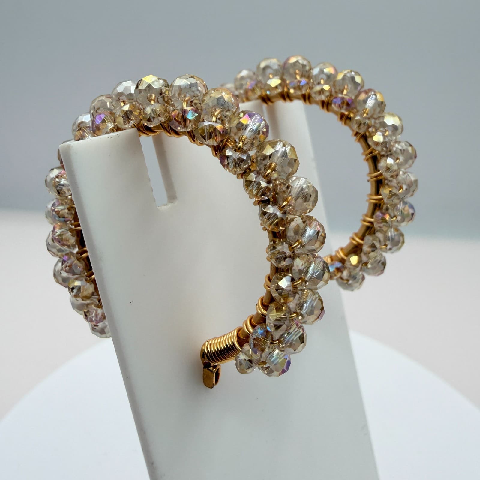 Vintage Gold Tone Beaded Jewelry Set Wire Wrapped Bangle Hoop Earrings Y2K Boho - Thumbnail 12