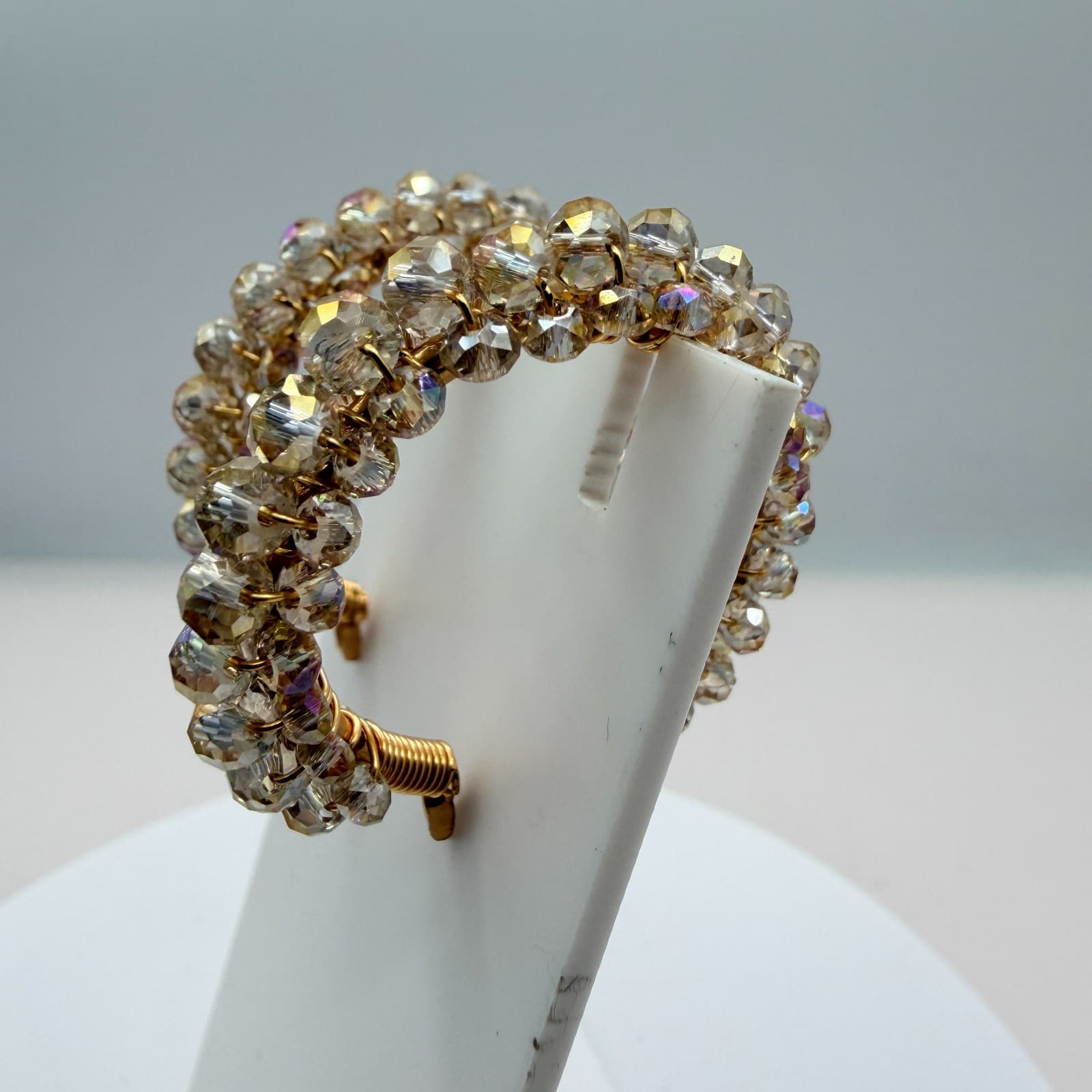 Vintage Gold Tone Beaded Jewelry Set Wire Wrapped Bangle Hoop Earrings Y2K Boho - Thumbnail 9