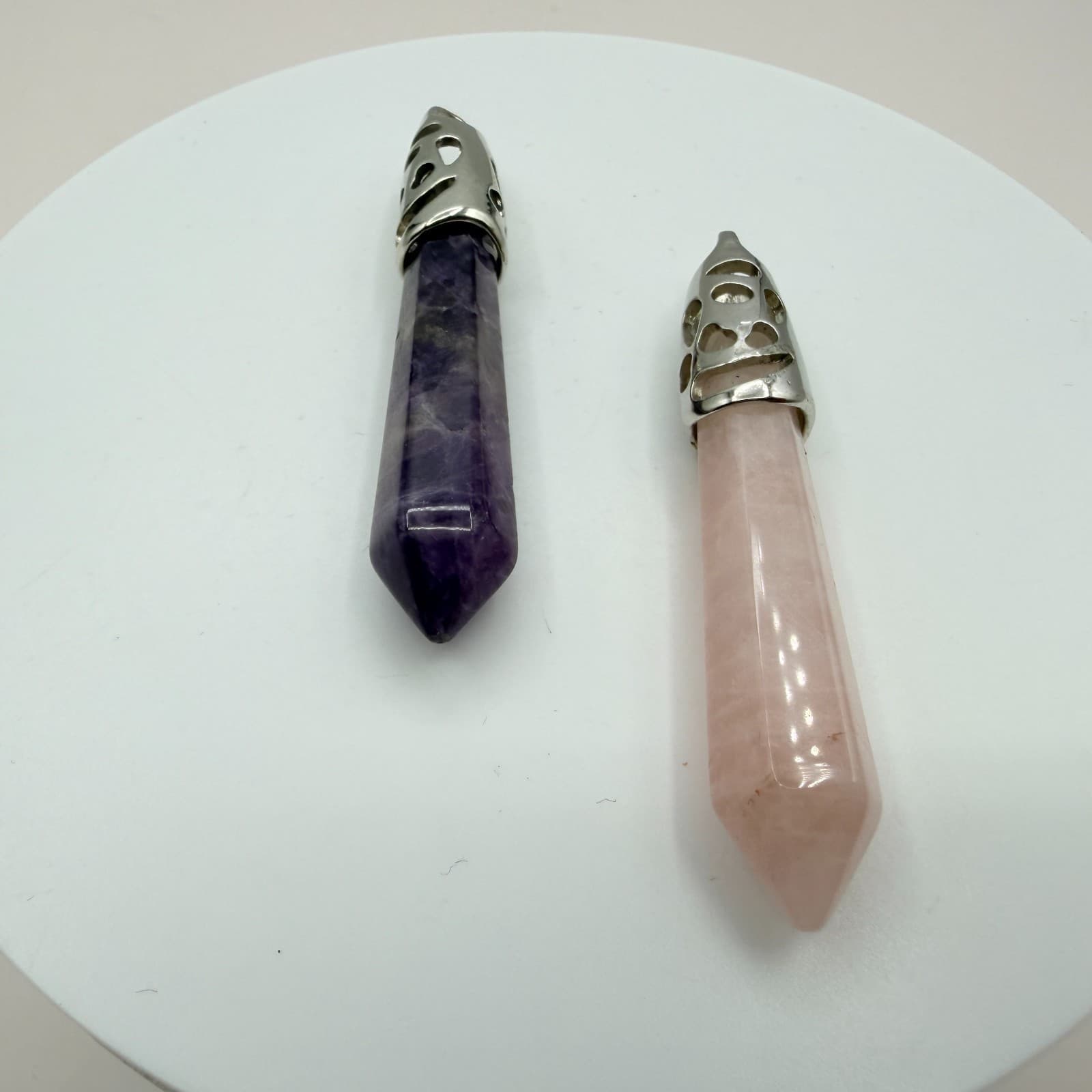 Vintage Silver Tone Amethyst Rose Quartz Crystal Pendant Lot 2pc Pointed Pillar - Thumbnail 2